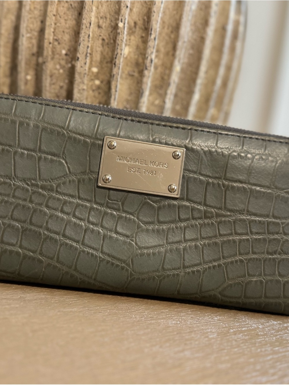 Michael Kors Croc-Embossed Zip Wallet in Olive